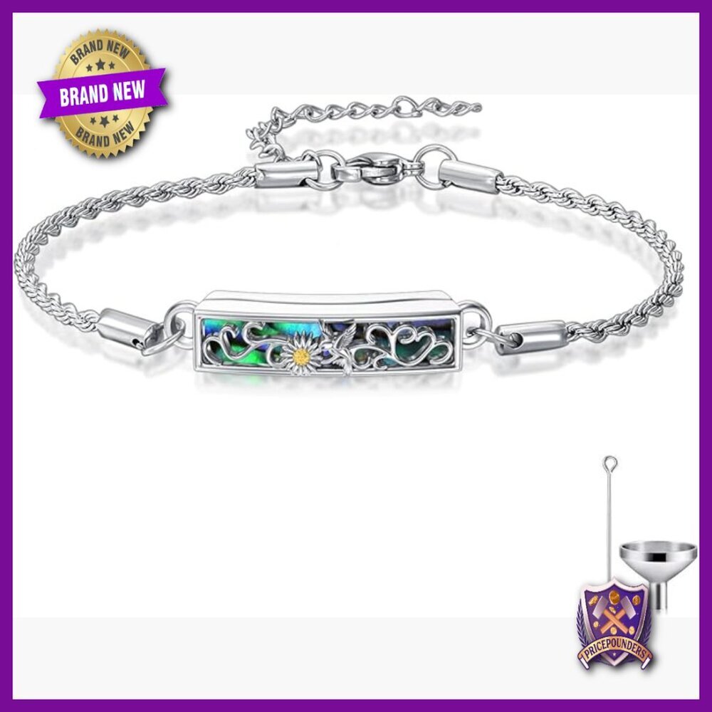 925 Sterling Silver Cremation Urn Bracelet with Abalone Shell Memorial Locket